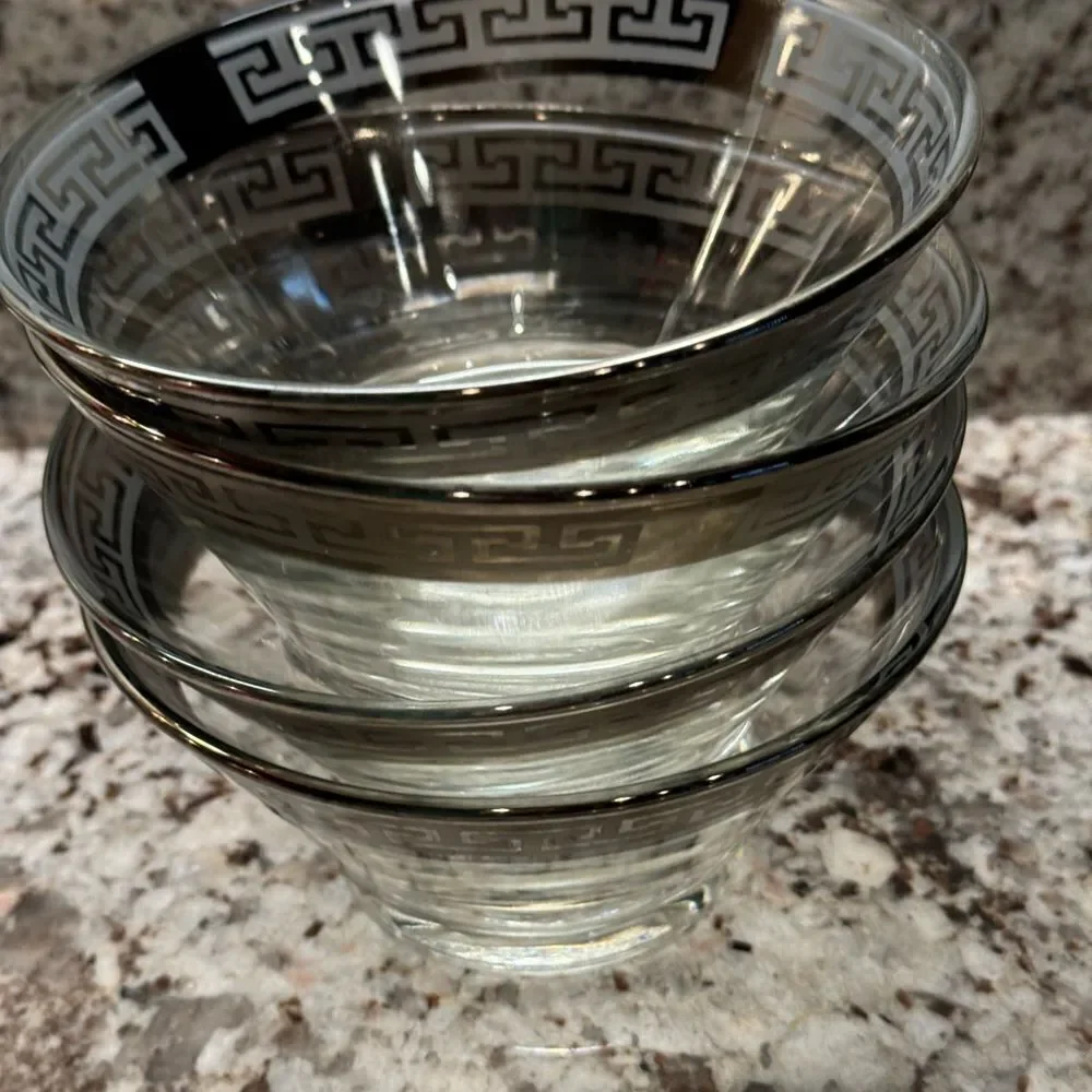Vintage Clear Glass Bowls with Greek Key Design